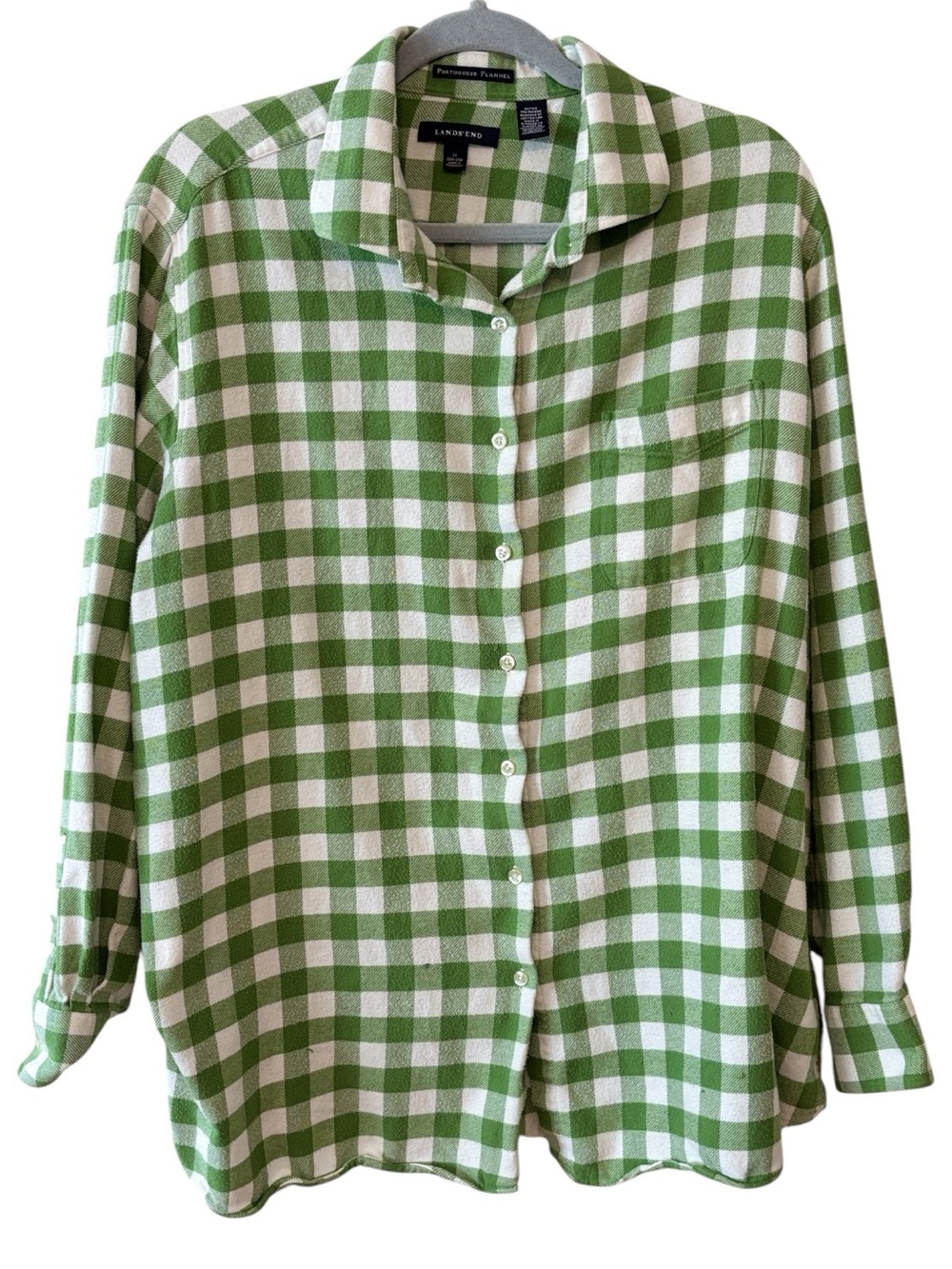 Lands End Green & White Gingham Plaid Flannel Shirt Size Size 2X